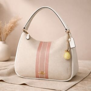 LN COACH VARSITY STRIPE Cream & Blush Shoulder Bag with Pineapple Charm